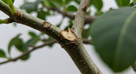 Freshly cut tree branch with sap droplet, highlighting plant pruning and new growth