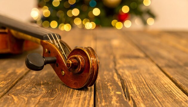 Violin on a wooden table in front of a Christmas tree