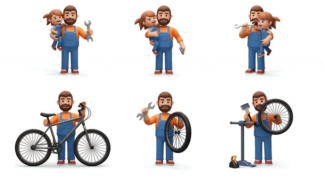Cartoon characters repairing bicycle