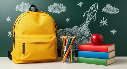 Yellow backpack, colorful pencils, stacked books, and a bright red apple on a desk with chalk drawings of clouds and a rocket.