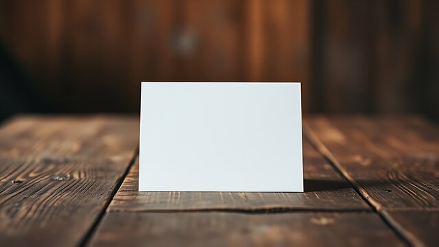 Blank greeting card resting on a rustic wooden surface with warm ambient light.