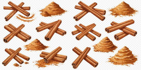 A collection of realistic cinnamon sticks and piles of ground powder, showing the aromatic spice in different forms.