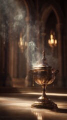 Naklejka premium Incense offering ceremony in cathedral, smoke billowing. Spirituality background