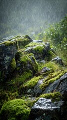 Mossy rocks in serene rain
