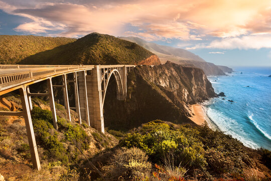 Bixby Bridge on Highway 1 by Big Sur coastline in California USA