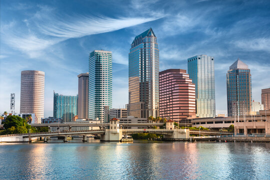 Tampa Florida USA downtown skyline over Hillsborough Bay and Riverwalk