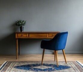 Mid Century Modern Home Office Interior Design Featuring Wooden Desk and Blue Velvet Chair