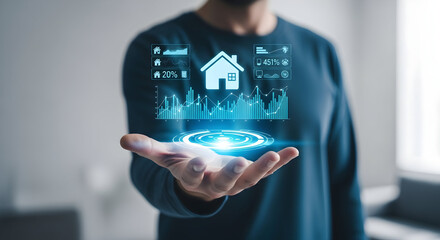 Person holding a holographic projection of a smart home system, showcasing innovative technology and digital interface for modern living, future concepts.