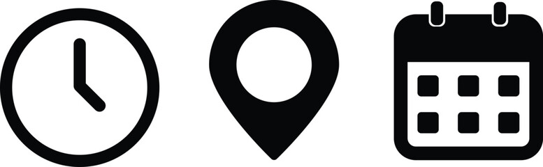 Location, Clock, and Calendar Icons Vector Illustration Set Isolated on Transparent Background