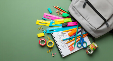 Vibrant school supplies spill from an open backpack, ready for creative learning adventures and back-to-school excitement