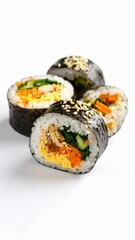 Korean food gimbap. Korean-style nori roll, which is rolled with rice mixed with sesame oil, salt, and other ingredients on top of nori.