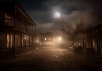 Misty Mountain Town Street At Night Under Full Moon