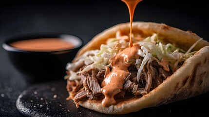 Fototapeta premium golden greek pita gyro shredded cabbage mayonnaise sauce dripping bowl black background