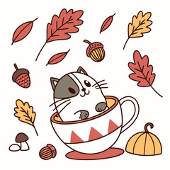 Charming SVG of a Gentle Grumpy Cat featuring in a teacup, styled in a Autumn theme with Autumn Leaves hues