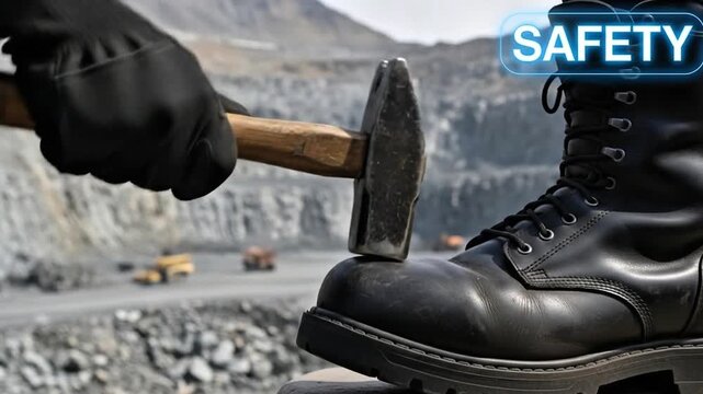 Miner inspecting safety boots with a hammer in a mining site, demonstrating proper K3 industrial safety standards for footwear protection in hazardous work environments.