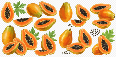 An assortment of whole and sliced ripe papayas with vibrant orange flesh, black seeds, and green leaves on a transparent background.