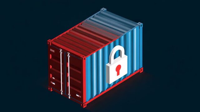 A red and blue container with a lock on it. The lock has a keyhole. Clean infographic showing shipping container icon with large padlock overlay, export ban, minimal navy grey red accent