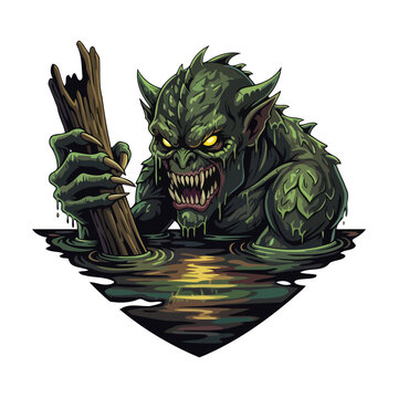menacing swamp monster with stick transparent background vector illustration