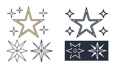 Modern Vector illustration of a star and sparkle icon collection, solid, outline, multi-pointed stars, easily editable.