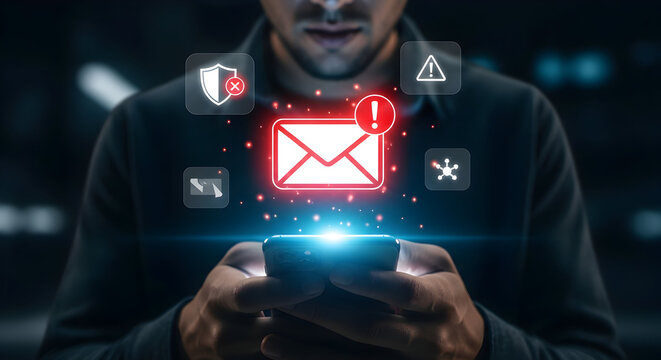 Person holding a glowing smartphone displaying an email notification, showcasing digital communication and connection in modern society.