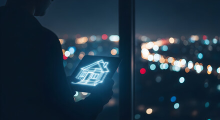 Person using a digital device with holographic interface, looking at a glowing screen with blurred city lights in the background at night.