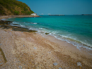 Aerial view white sand sea beach wave turquoise water