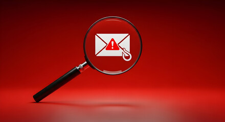 Magnifying glass focused on an email icon with an alert symbol, symbolizing a potential phishing or security threat, with a red background.