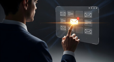 Person interacting with a futuristic, glowing digital interface, touching a screen and engaging with technology, data and information.