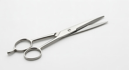 Obraz premium Minimalist presentation of shiny metal hairdressing scissors over a light surface providing a clean aesthetic for