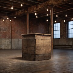 Wooden Box in Empty Room; Light Bulbs Above; Storage, Decoration, Empty Space
