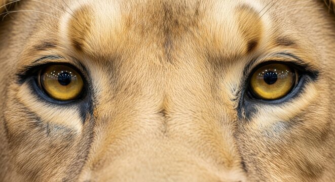 Close up of a powerful lioness eyes gazing intensely with yellow irises and dark markings - Powered by Adobe