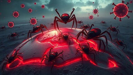 Surreal landscape of giant glowing ticks crawling over a melting earth with radiating red disease vectors.