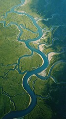 Winding river flows through lush green landscapes