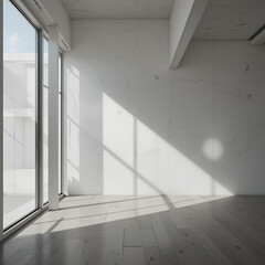 Obraz premium In a contemporary architectural haven, natural light casts ethereal shadows across a minimalist white wall, accentuating the space is clean lines and minimalist aesthetic.