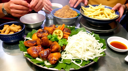 Boodle Fight: A Filipino Feast of BBQ Beef and Chicken on a Platter