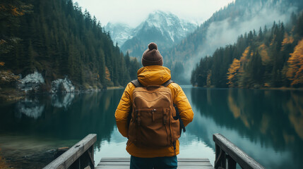 a young traveler with a backpack standing on a bridge overlooking a beautiful lake