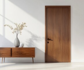 Modern Minimalist Interior Featuring a Dark Brown Wooden Door and Console