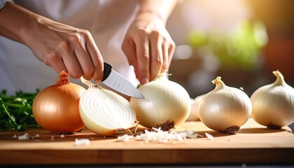 Chef preparing onions on a wooden countertop