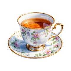 An elegant cup of tea. Watercolor digital illustration. Porcelain mug from a tea set, isolated on a white background. The theme of tea drinking, coffee shops, and a cozy breakfast