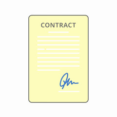 A formal document labeled "CONTRACT" with lines of text and a blue signature at the bottom, representing an agreement.