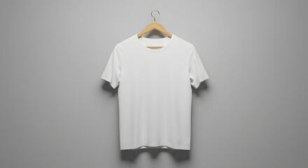 Plain white t-shirt hanging on a wooden hanger, minimalist apparel concept on a textured gray background, studio shot