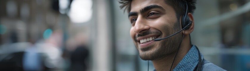 A smiling man wearing a headset, engaged in a conversation, exudes professionalism in an urban environment, HR Announcement with a blank space for text
