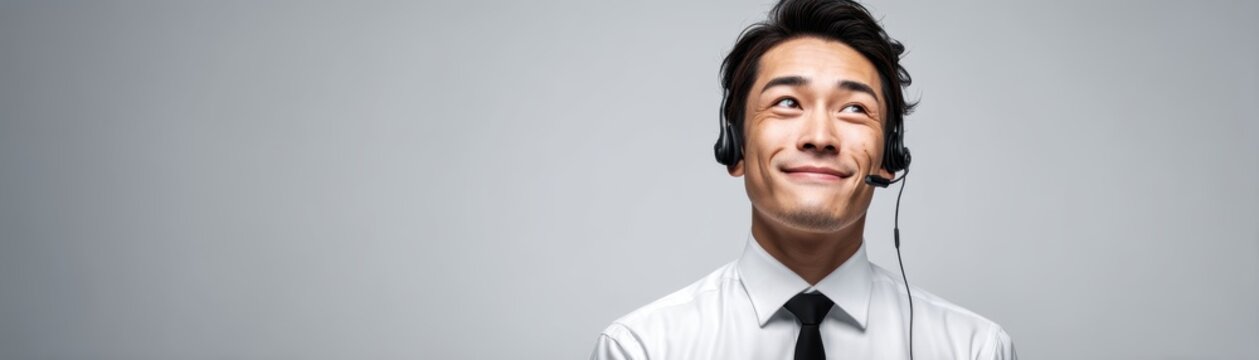A cheerful man in a headset, dressed in a formal shirt and tie, exuding a friendly and approachable demeanor against a neutral background, HR Announcement with a blank space for text