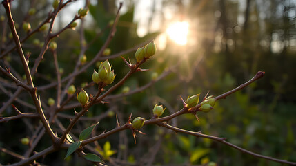 brown branches of a bush plant with green buds sprouts with leaves and long sharp thorns against the background of spring nature in light of the sun