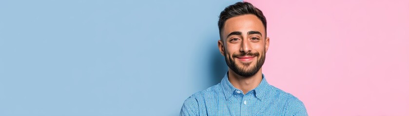 Obraz premium A smiling man in a blue checkered shirt stands against a split pastel background of blue and pink, exuding a cheerful and approachable vibe, HR Announcement with a blank space for text