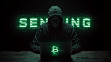 hooded hacker typing on laptop in dark hacking scene. green holograph with the lettering "sending" and bitcoin logo. dark web cyber attack data theft in hacking attempt. - Powered by Adobe