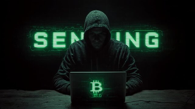 hooded hacker typing on laptop in dark hacking scene. green holograph with the lettering "sending" and bitcoin logo. dark web cyber attack data theft in hacking attempt.