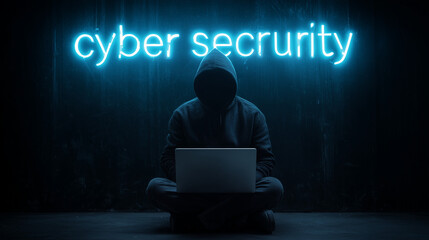 hooded hacker typing on laptop in dark hacking scene. blue holograph with the lettering "cyber security". dark web cyber attack data theft in hacking attempt.