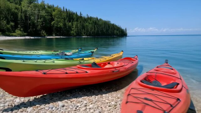 A serene shoreline showcases vibrant kayaks resting on pebbles near a lush forest, inviting outdoor adventure and exploration of the tranquil water.