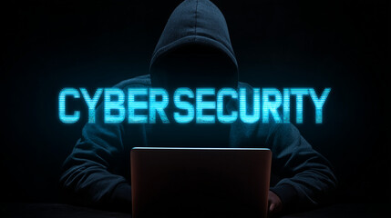 hooded hacker typing on laptop in dark hacking scene. blue holograph with the lettering "cyber security". dark web cyber attack data theft in hacking attempt.